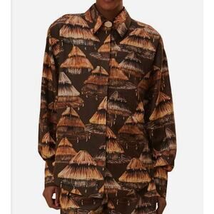 NWT Farm Rio x Yawanawa The Shuhu Brown Long Sleeve Button Up Shirt, size M